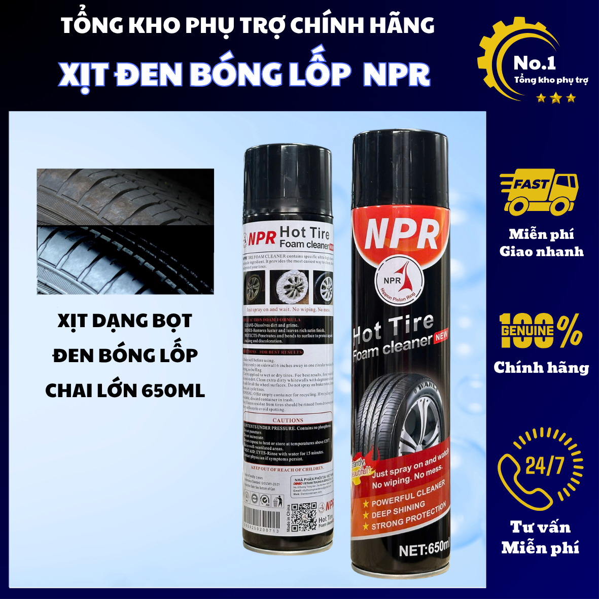 Chai xịt bóng vỏ, làm đen lốp xe và phục hồi nhựa nhám NPR HOTTIRE 650ml